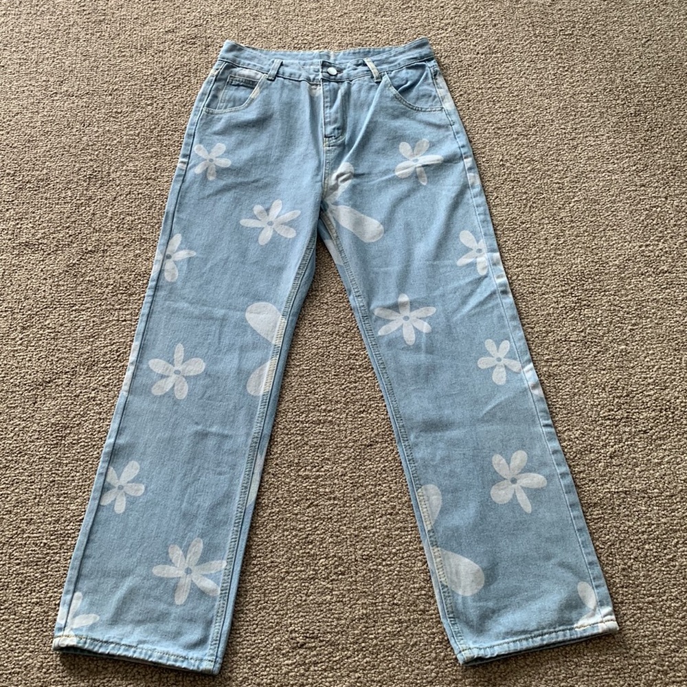 Women's High-Rise Light Blue Floral Print Jeans